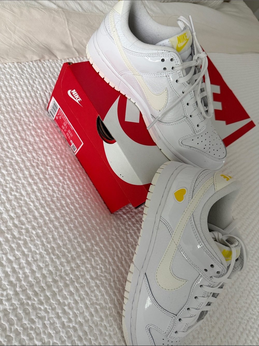 Nike Dunk Low  White Sneakers with Pale Yellow Accents and Heart Detail NEW